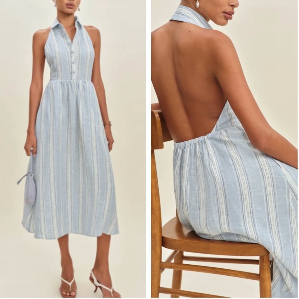 Reformation Light Blue & White Striped Halter Midi Dress - Picture 3 of 7